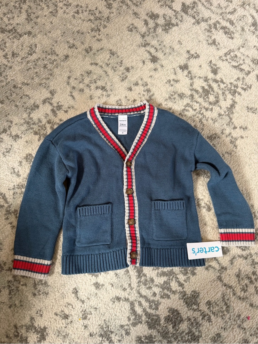Carter's Blue Knit Cardigan with Red & White Stripe Trim